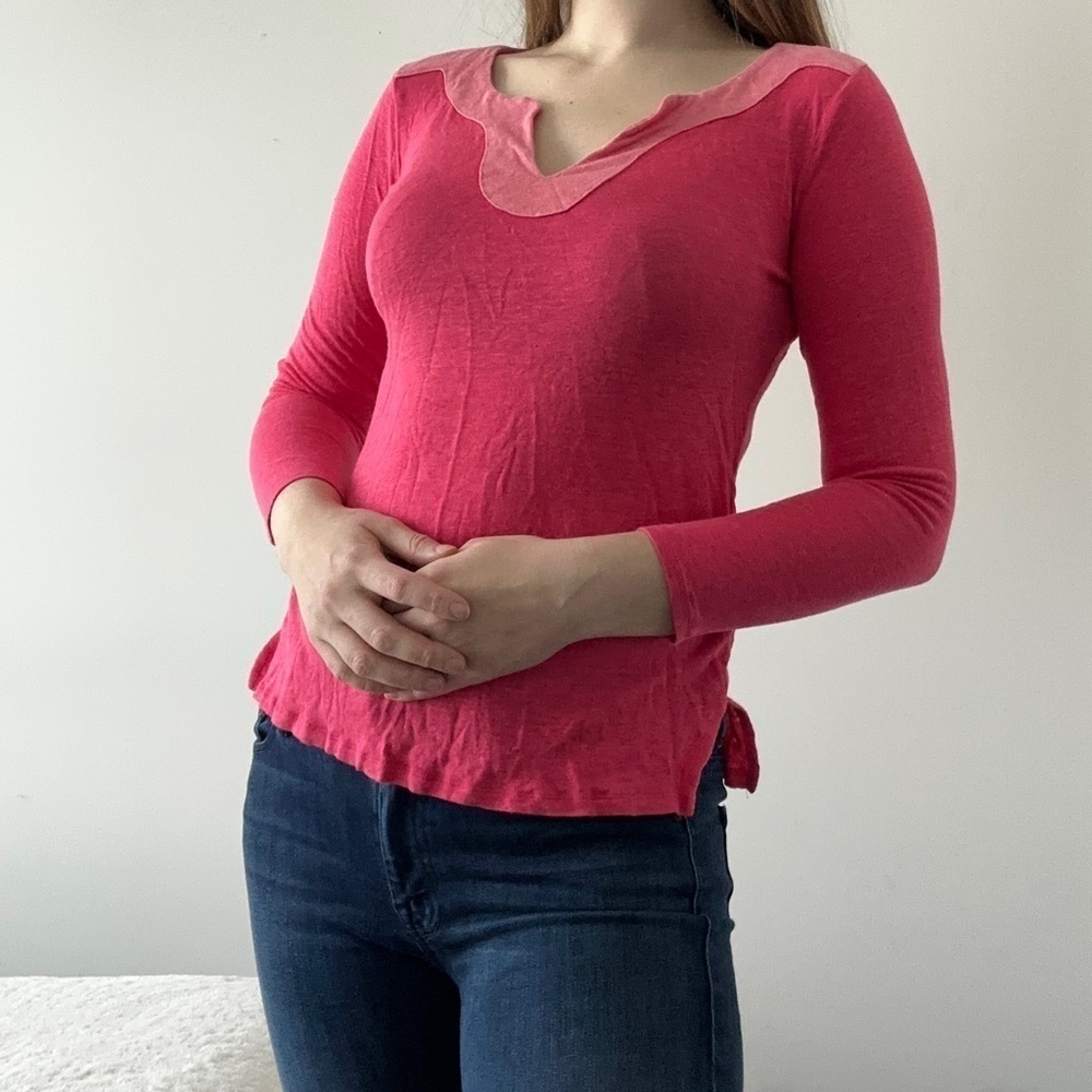 100% linen Saks Fifth Avenue top S stretch light knit summer pink V-neck sweater
